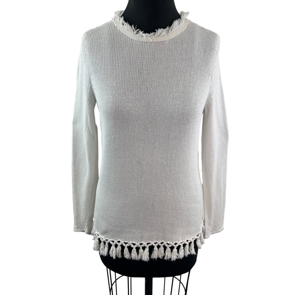 J.Mclaughlin White Sweater Cotton Knitted Crew Neck Thread Fringe Pullover S M?